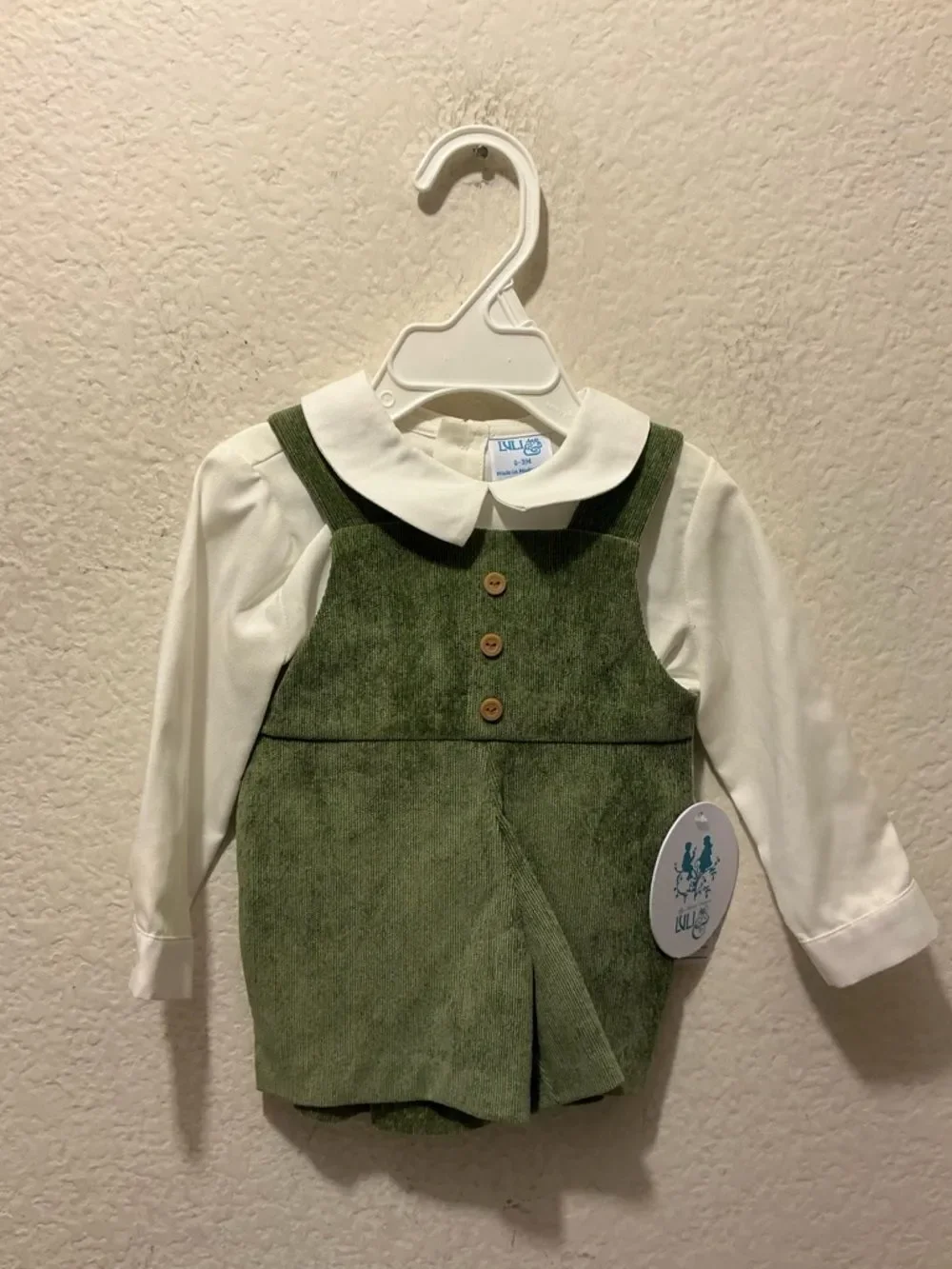 Precious Luli Boys olive green corduroy overall set.